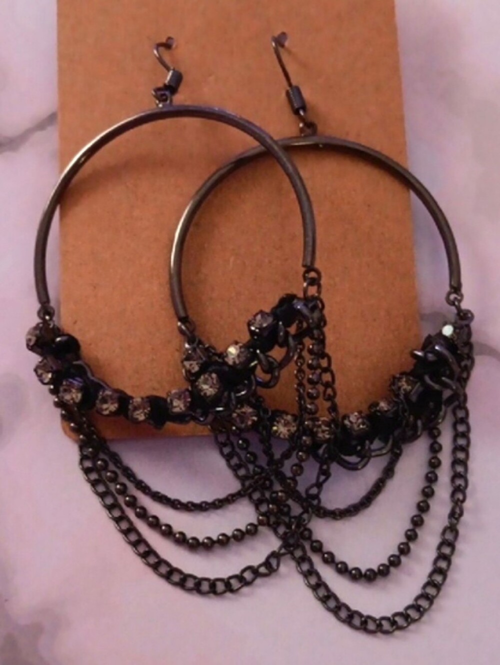 Edgy Black Hoop Drop Earrings with Chain & Rhinestone Accents New!